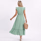 Lace Trim Midi Dress Ruffle Sleeve Tie Neck Tiered Hem Dress