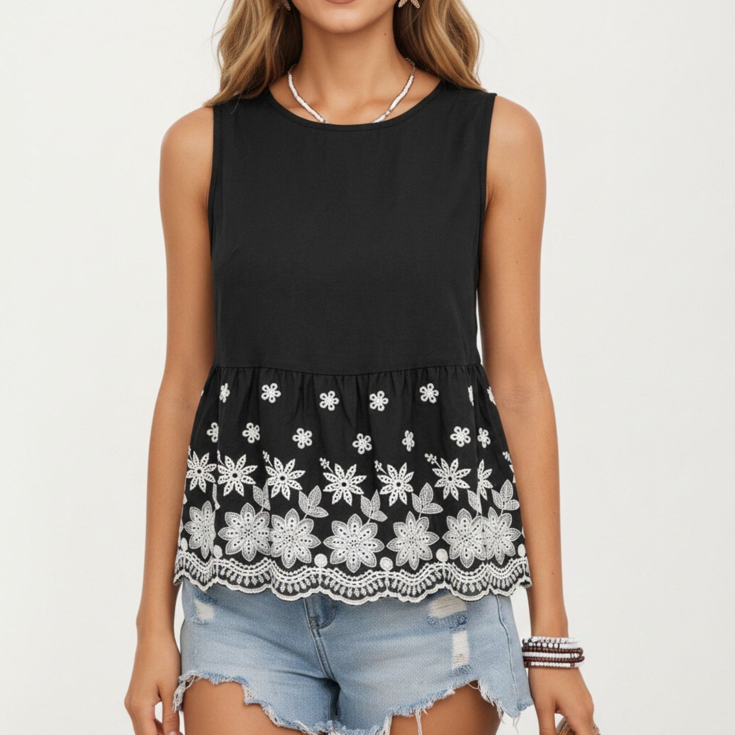 Embroidered Floral Peplum Tank Top with Back Tie