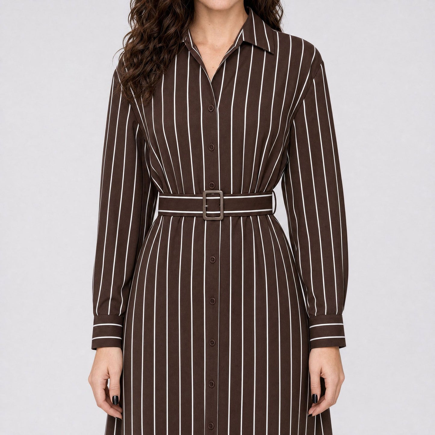 Striped Belted Button Front Long Sleeve Midi Shirt Dress