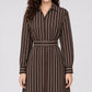 Striped Belted Button Front Long Sleeve Midi Shirt Dress