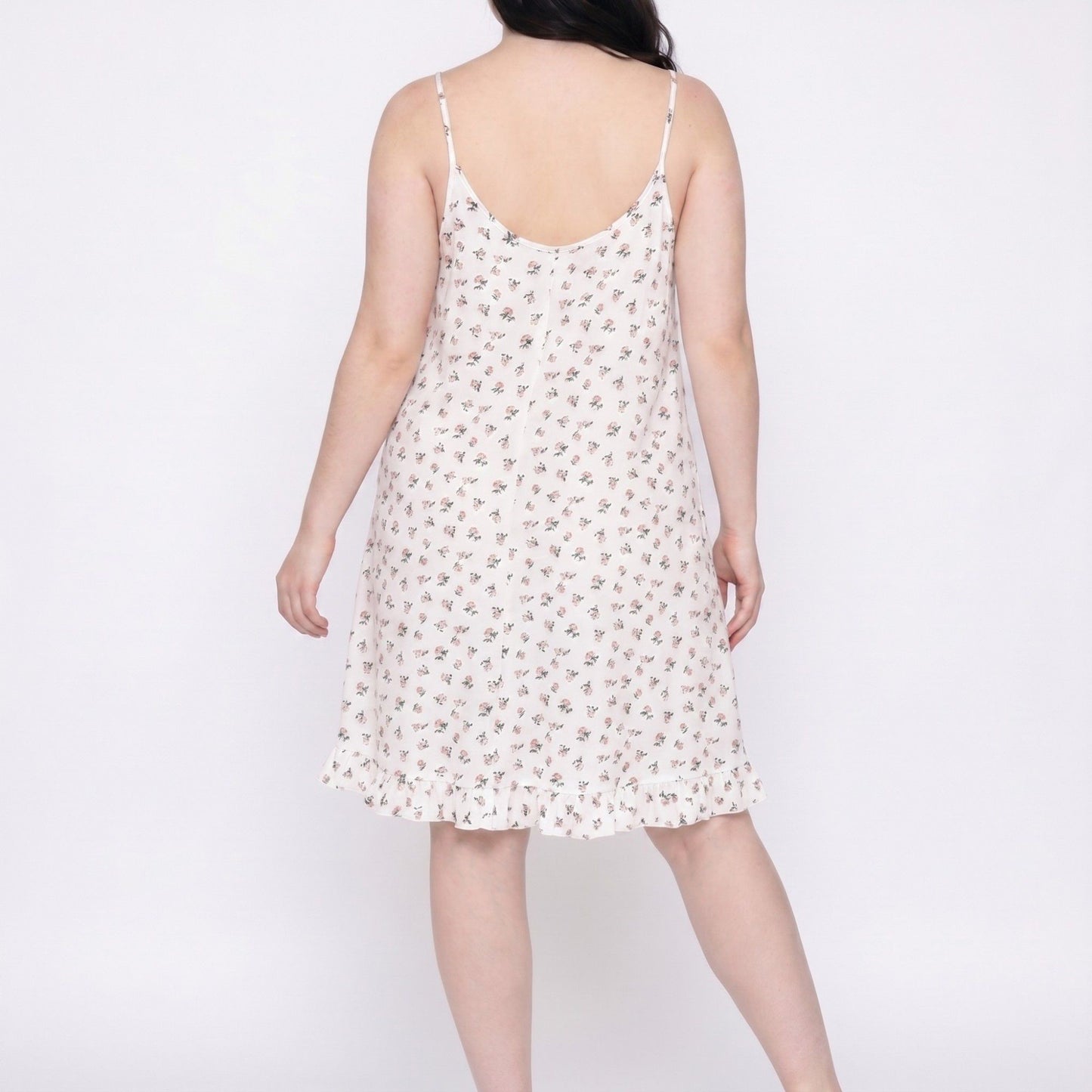Floral Lace Yoke Mini Nightgown Spaghetti Strap Tie Front Ruffle Hem Sleep Dress