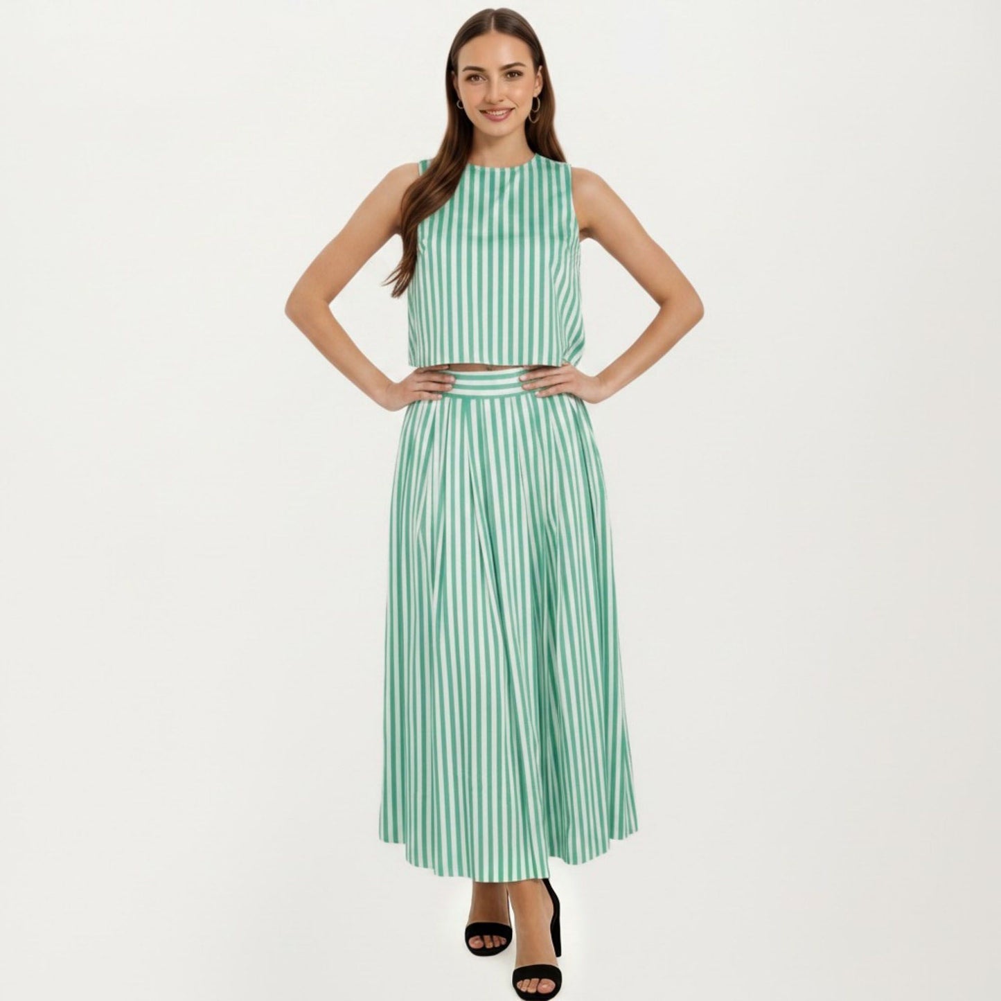 Sleeveless Striped Two Piece Set Crop Top and Midi Skirt with Back Button Detail Flowy High Waist Set