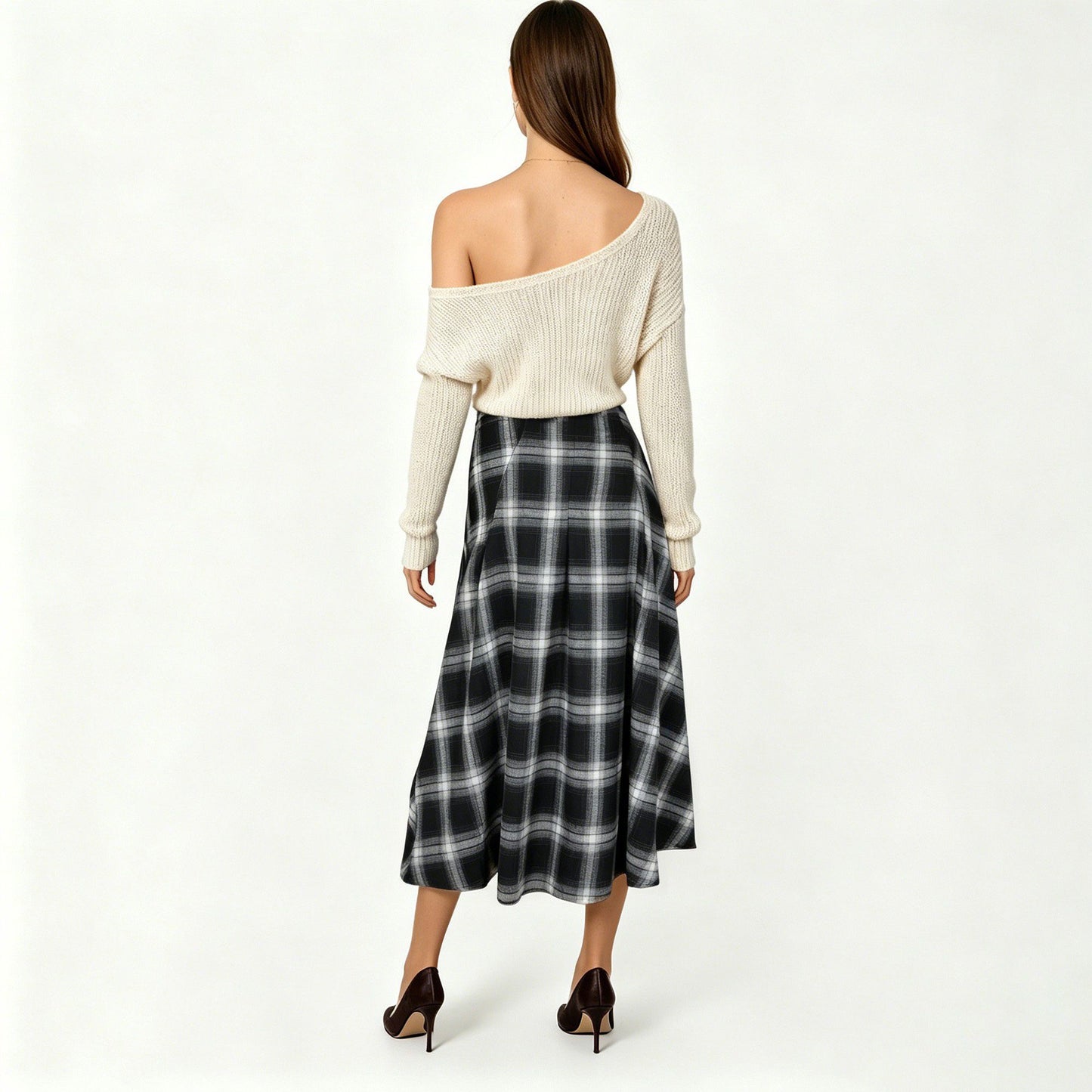 Plaid Midi Skirt with A-Line Silhouette Flowy Hem High Waist Design Classic Check Pattern Skirt