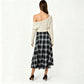 Plaid Midi Skirt with A-Line Silhouette Flowy Hem High Waist Design Classic Check Pattern Skirt