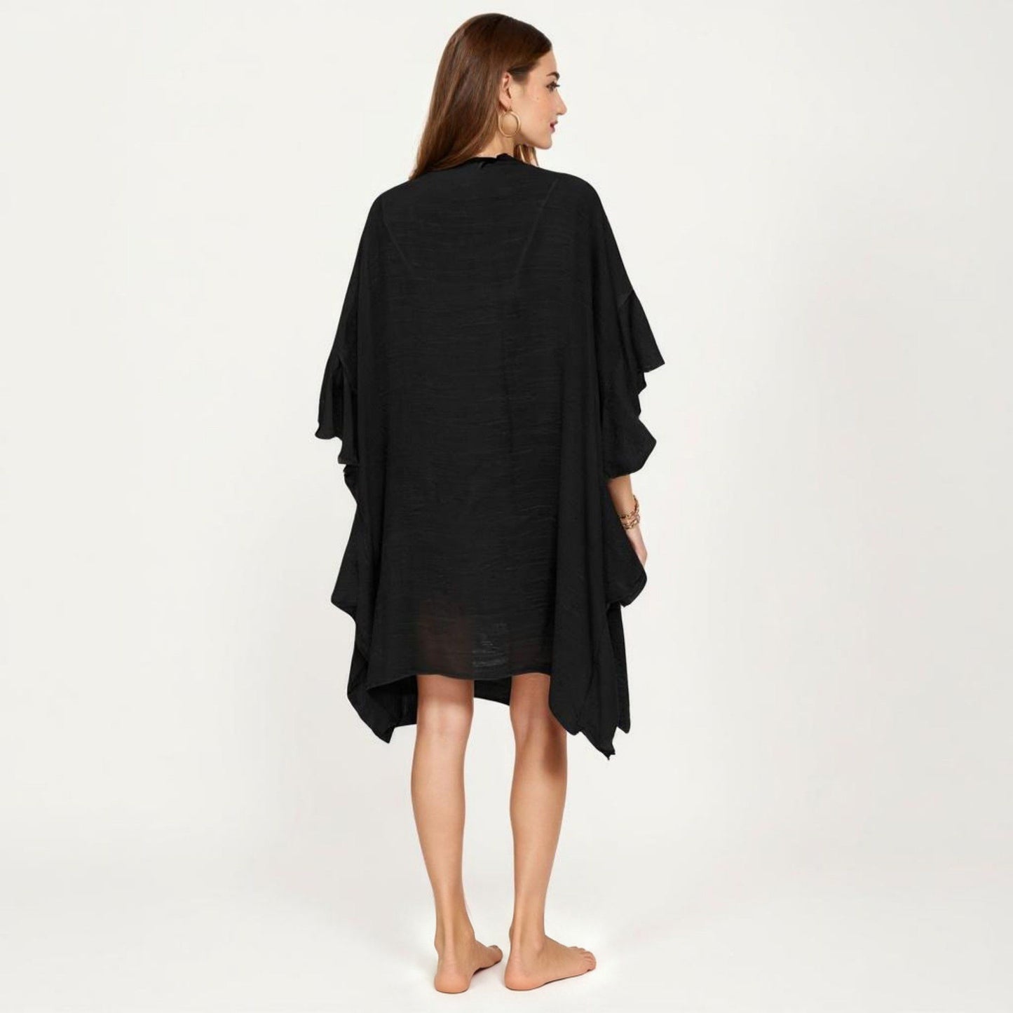 Open Front Swim Cover Up Kimono with Ruffle Sleeves Lightweight Beach Cardigan
