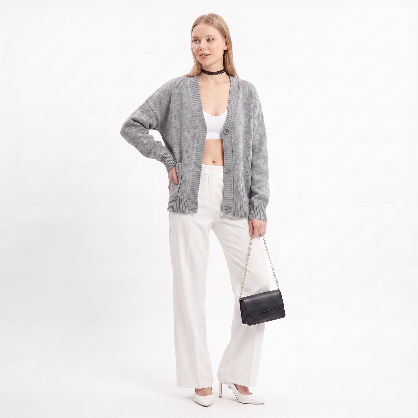 Oversized V Neck Button Front Cardigan with Pockets