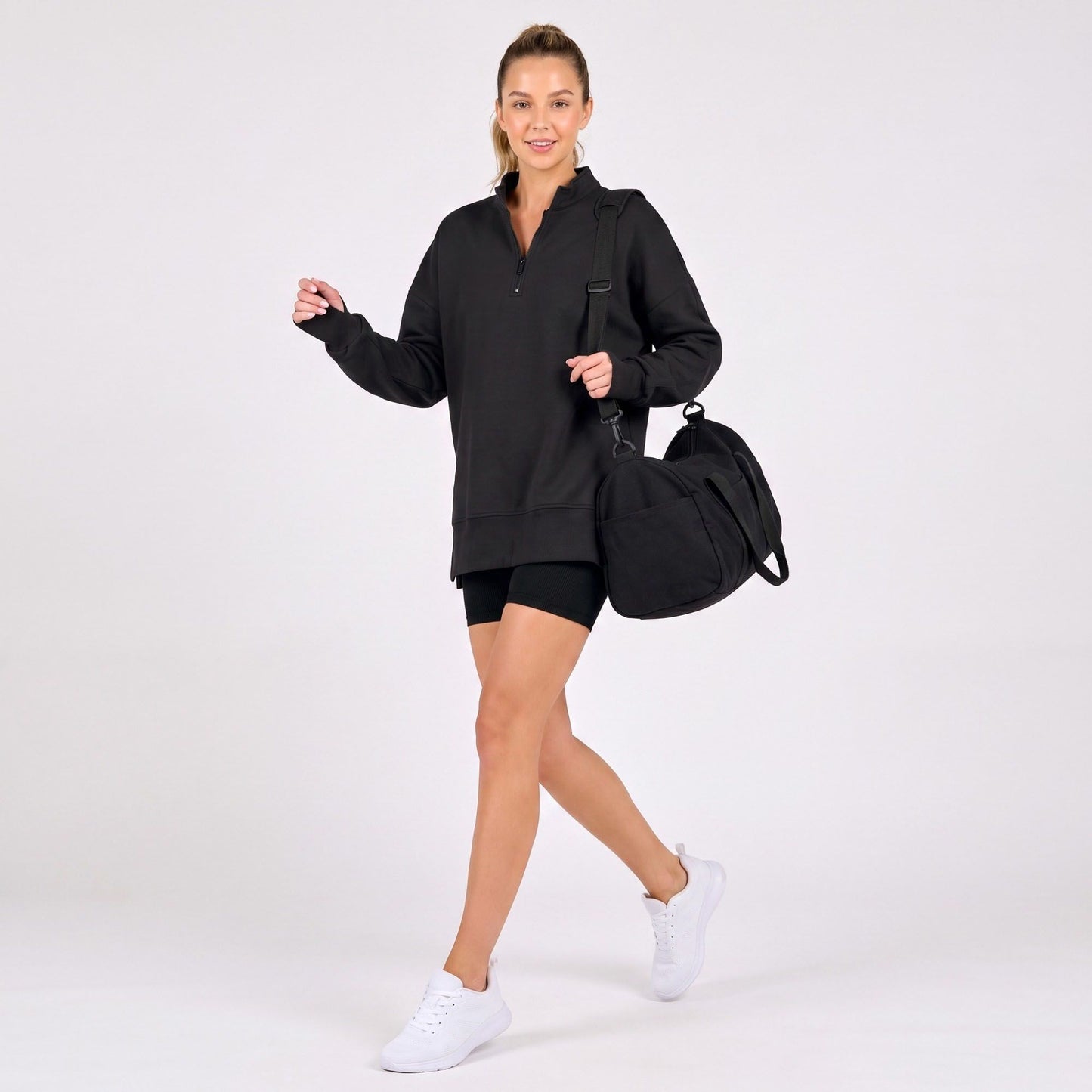 Quarter Zip Mock Neck Long Sleeve Tunic Sweatshirt with Side Slits