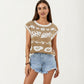 Sleeveless Floral Knit Vest Top with Crew Neck and Contrast Trim