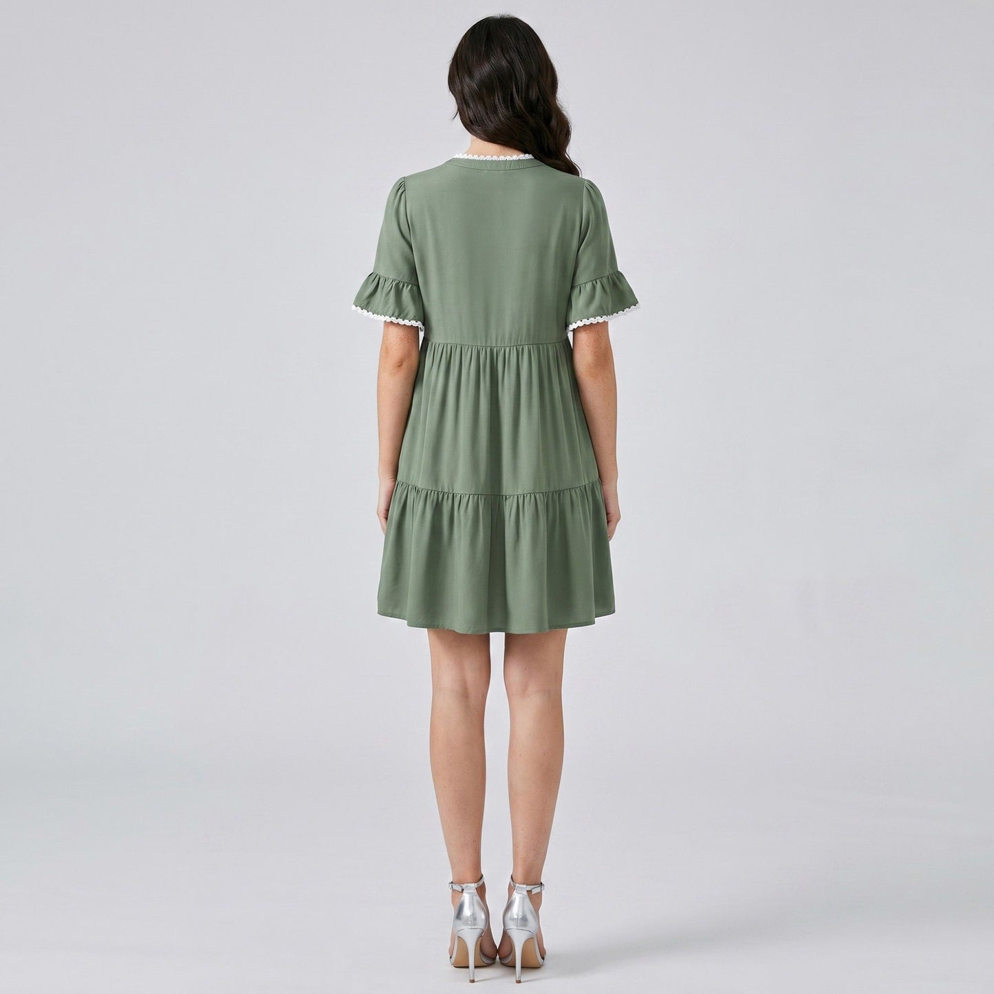 Lace Trim V-Neck Flutter Sleeve Tiered Mini Dress with Gathered Waist and Flowy Relaxed Silhouette
