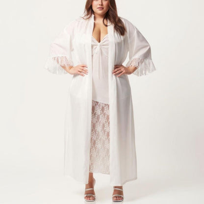 Plus Size Long Sheer Lace Panel Robe Open Front Lightweight Sleepwear