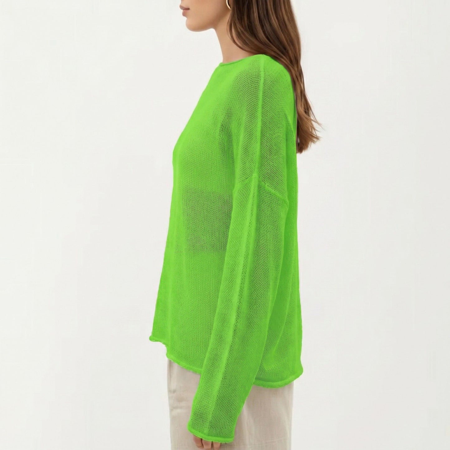 Women's Lightweight Open Knit Long Sleeve Sweater Top with Relaxed Fit and Subtle Sheer Texture