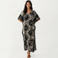 Geometric Print Maxi Caftan Dress with V-Neckline Relaxed Fit and Draped Silhouette