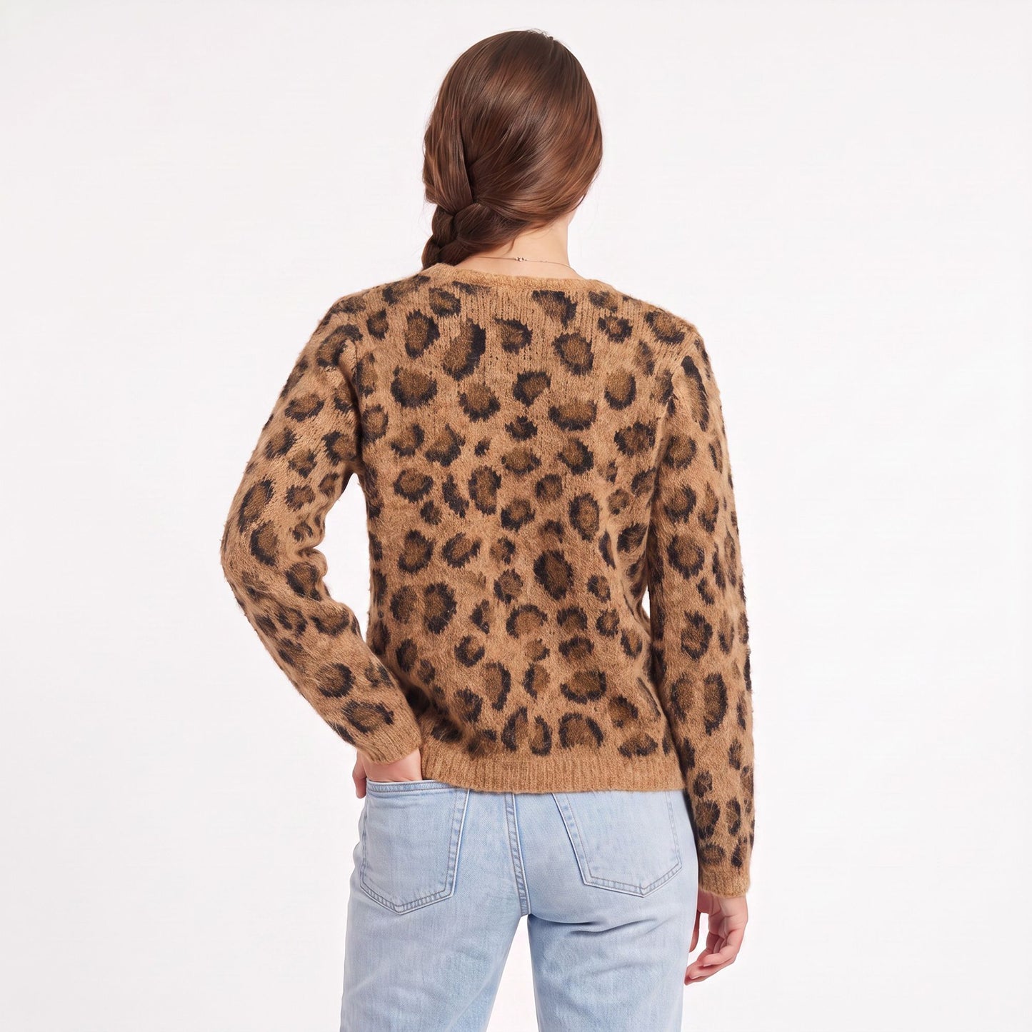 Fuzzy Leopard Print Button Front Cardigan Sweater