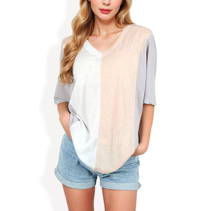 Color Block V-Neck Oversized T-Shirt with Drop Shoulders