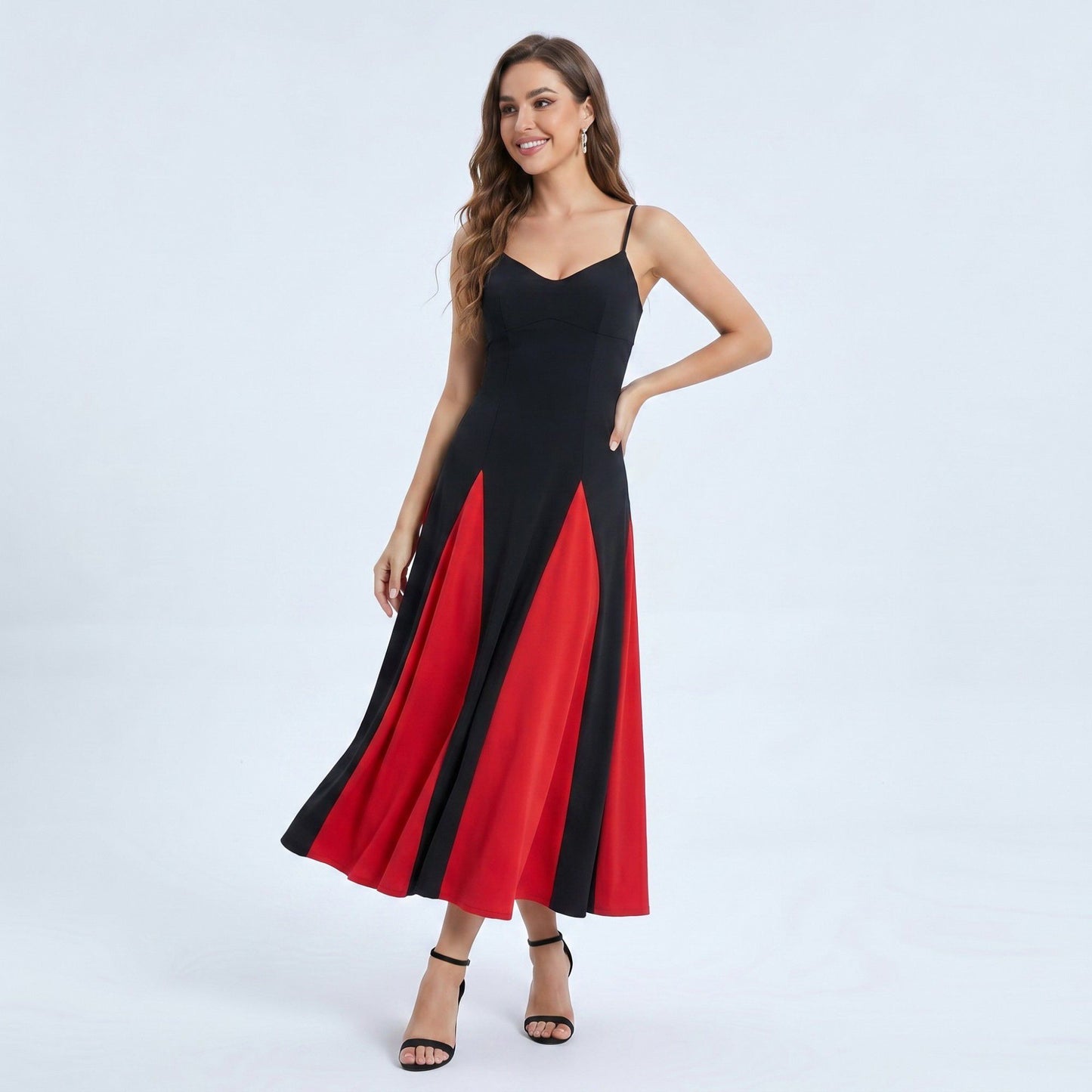 Spaghetti Strap Colorblock Fit and Flare Midi Dress
