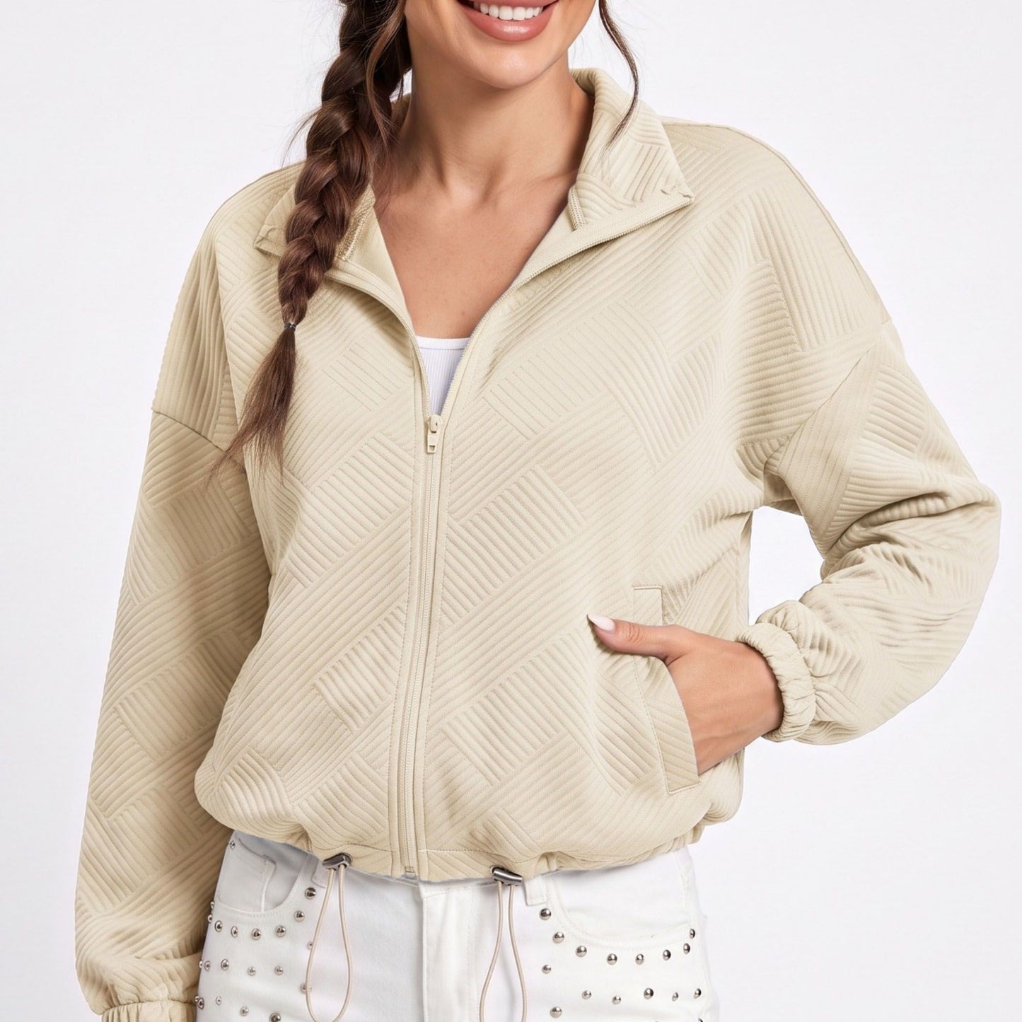 Quilted Full Zip Jacket with Collared Neckline