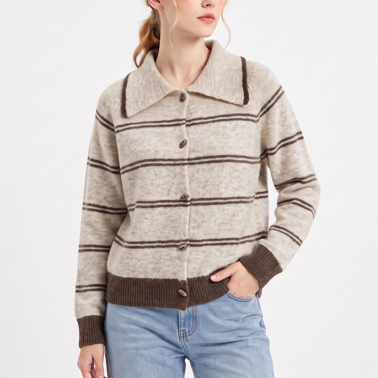 Striped Collared Button-Front Cardigan Sweater
