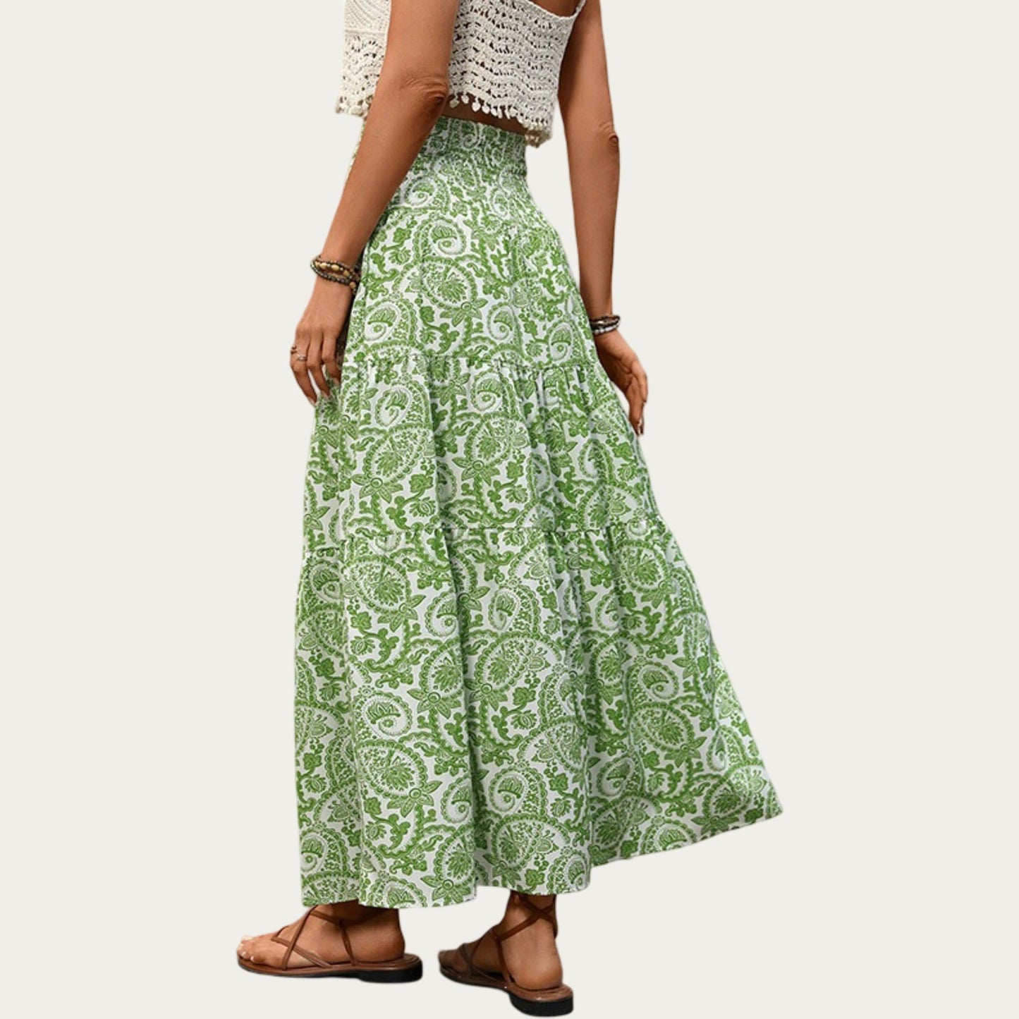 High Waist Tiered Maxi Skirt with Paisley Print Drawstring Waist Tassel Tie Flowy A-Line Fit