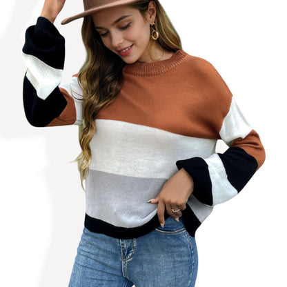 Color Block Long Sleeve Pullover Sweater with Ribbed Cuffs