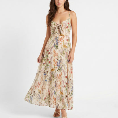 Floral Print Tie Front Maxi Dress with Spaghetti Straps and Flowy Skirt