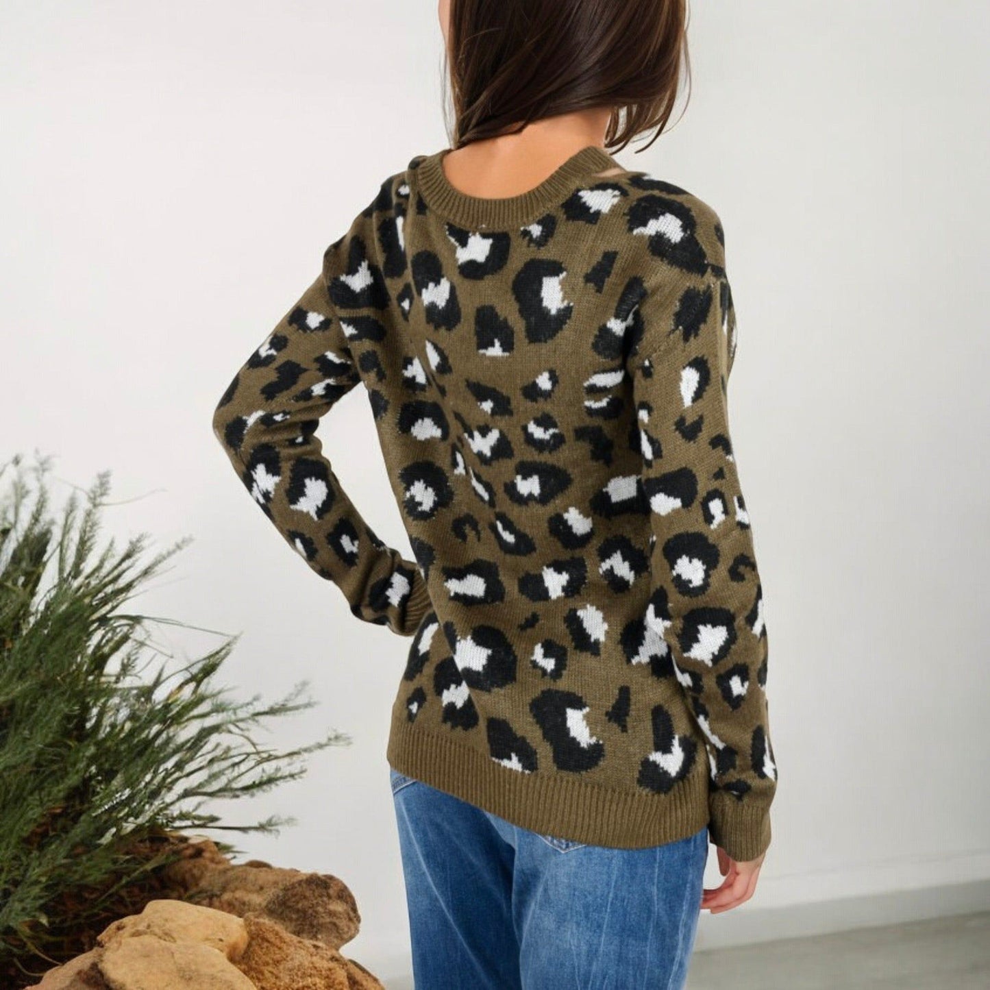 V-Neck Leopard Print Sweater with Cutout Detail Long Sleeves