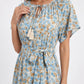 Floral Print Midi Dress with Tie Neck Short Flutter Sleeves Belted Waist and Tiered Hem