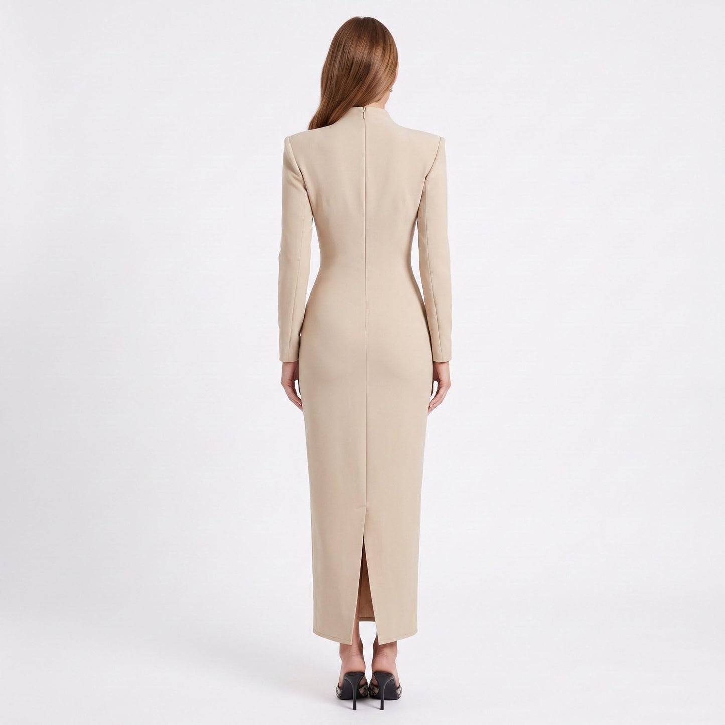 Long Sleeve Maxi Dress with Deep V Neck and Back Slit