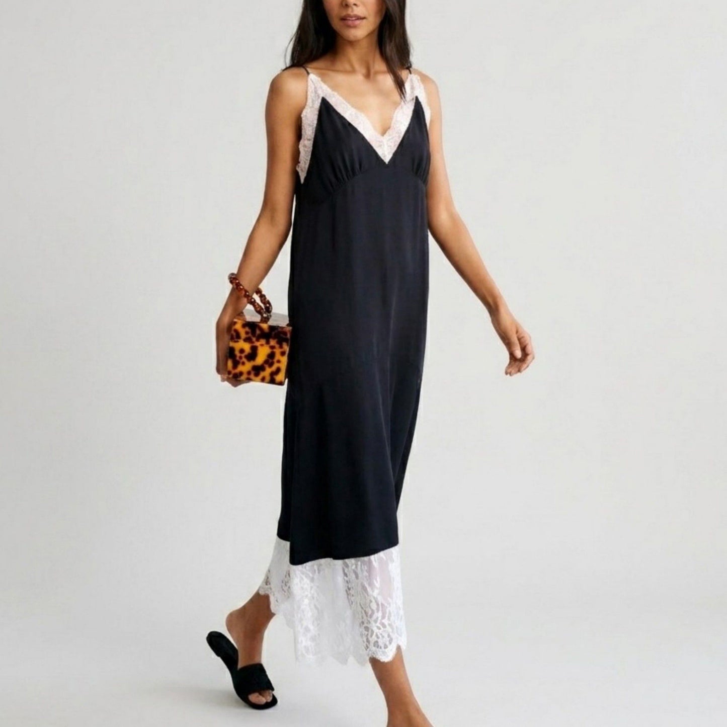 Sleeveless Slip Dress with Lace Trim V Neck and Midi Length
