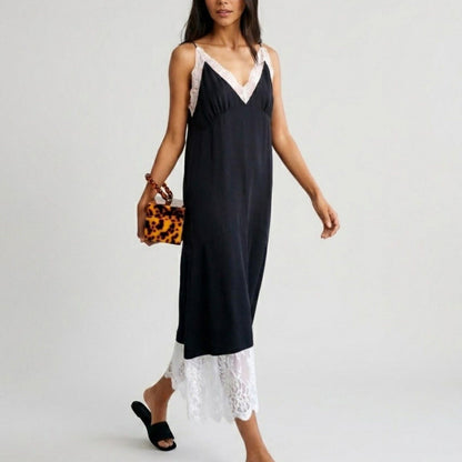 Sleeveless Slip Dress with Lace Trim V Neck and Midi Length