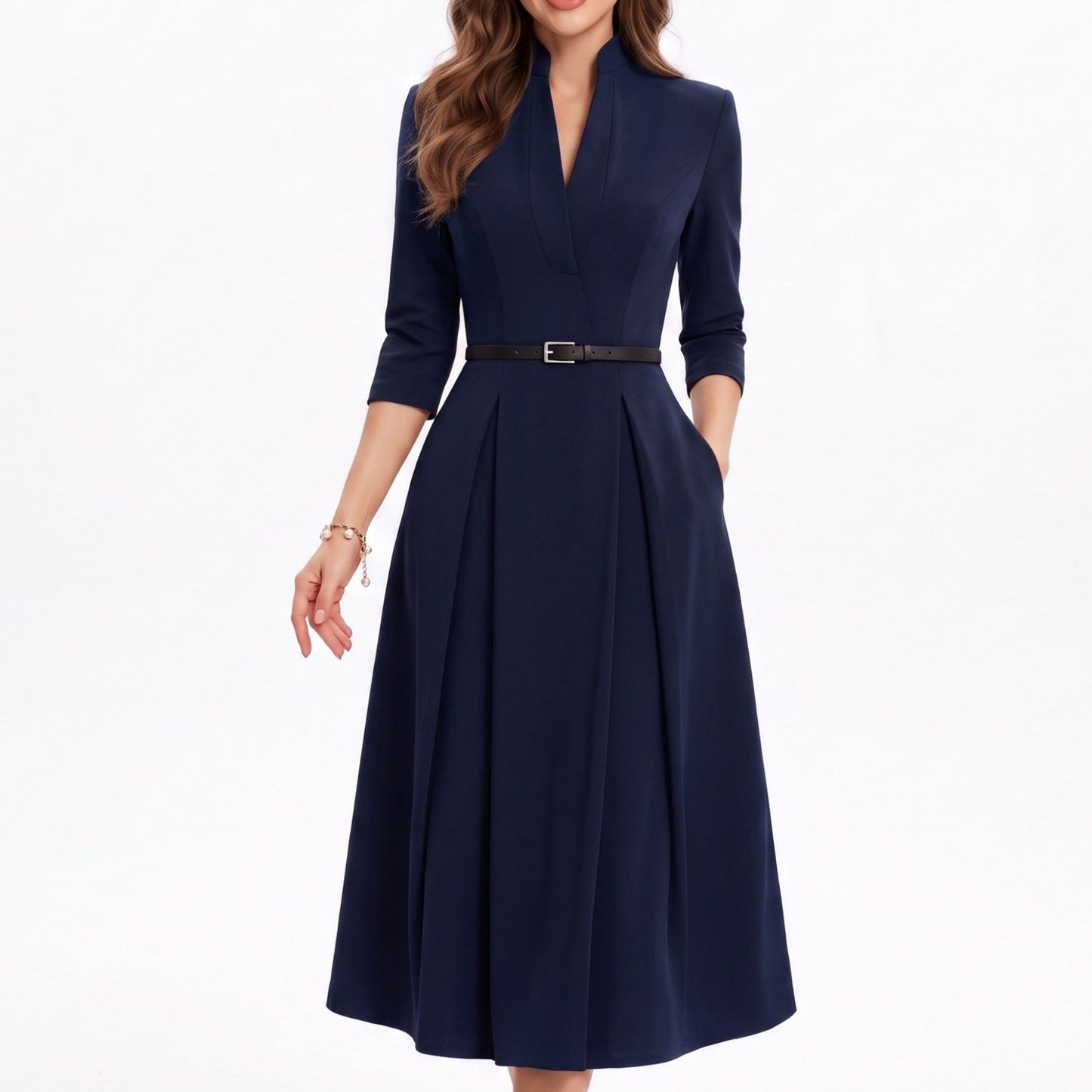 Three Quarter Sleeve Belted Midi Dress with Pleated A Line Skirt