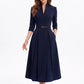 Three Quarter Sleeve Belted Midi Dress with Pleated A Line Skirt