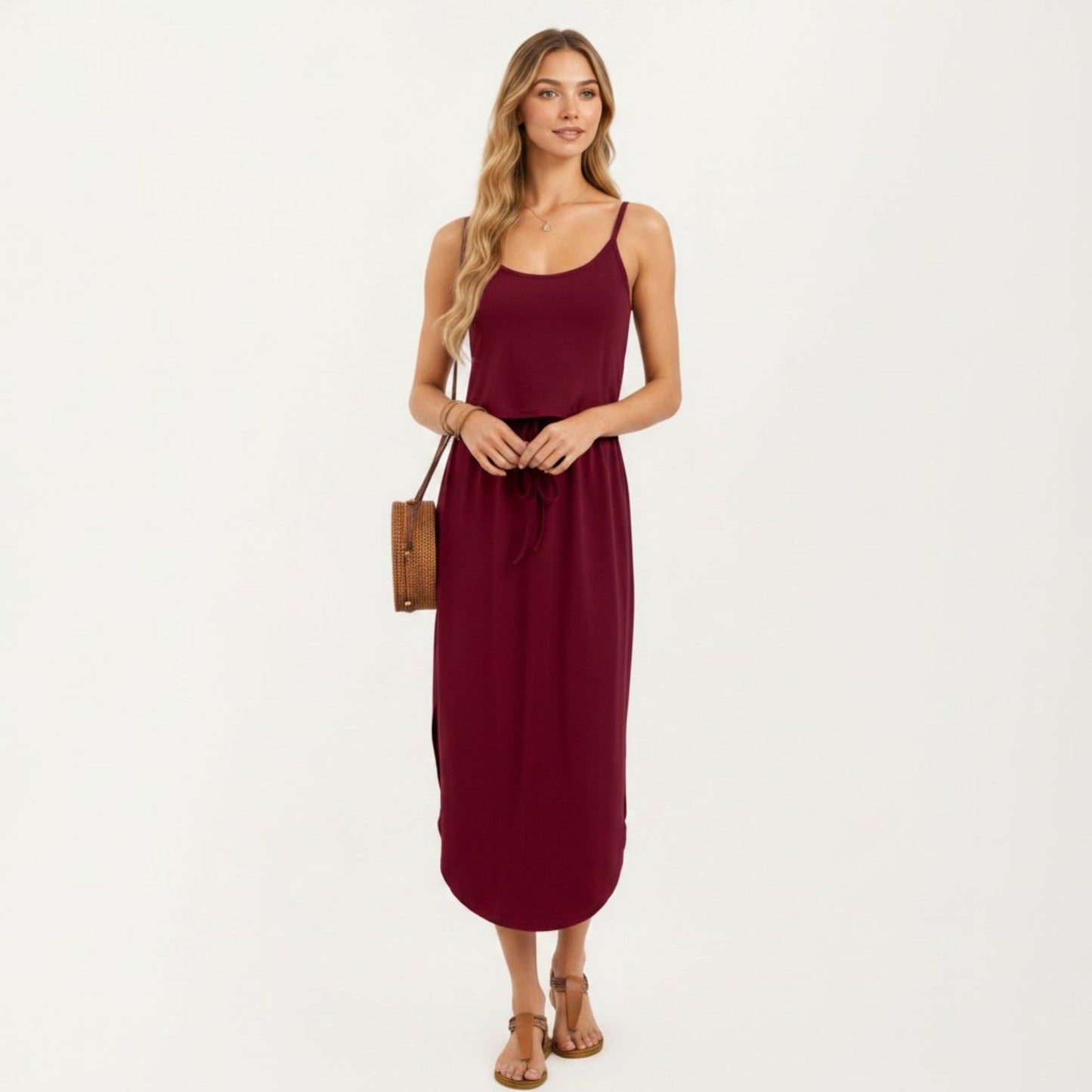 Sleeveless Midi Dress with Spaghetti Straps and Adjustable Drawstring Waist Relaxed Fit Silhouette