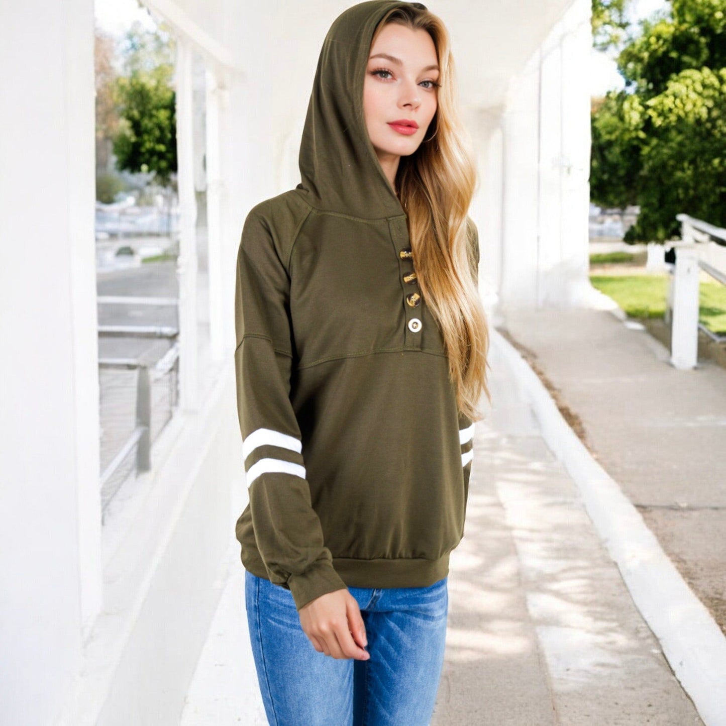 Button-Front Hoodie with Stripe Sleeve Detail Relaxed Fit