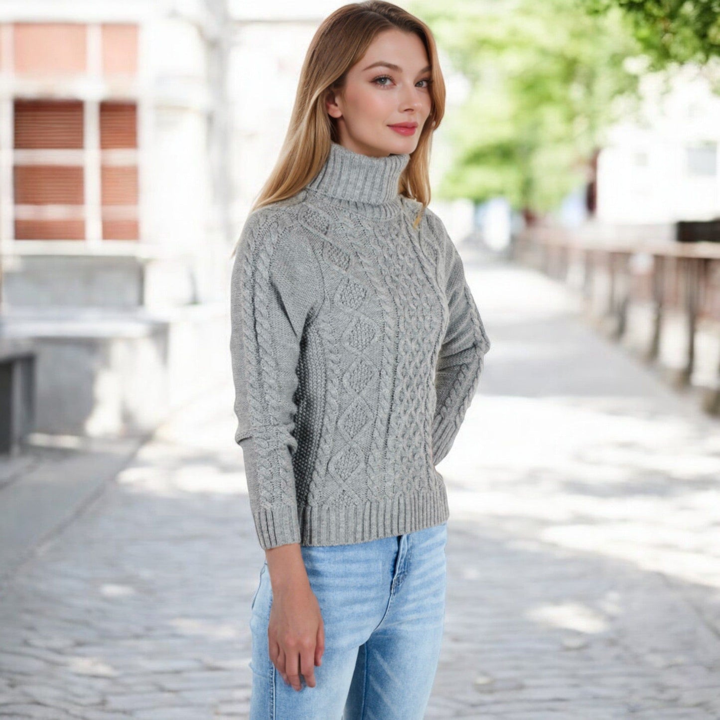 Long Sleeve Cable Knit Turtleneck Sweater