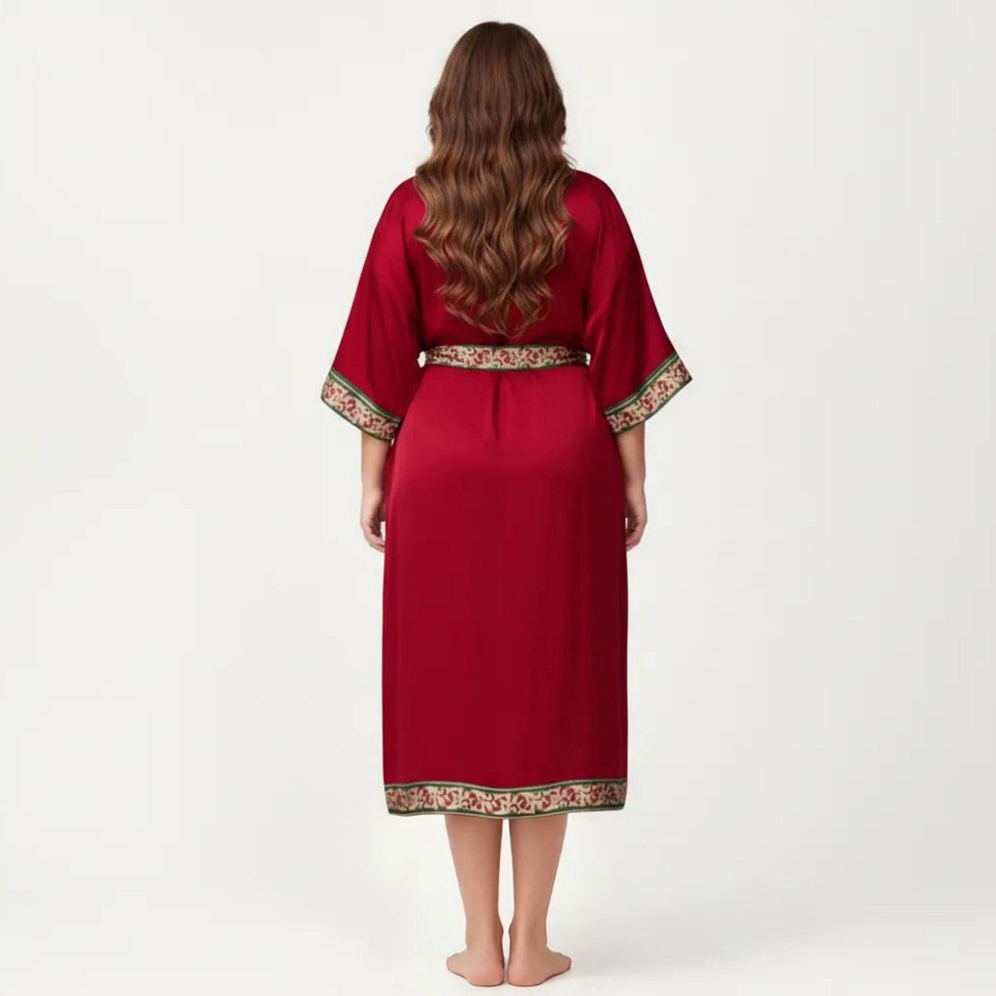 Plus Size Satin Robe with Floral Trim Belted Kimono Sleeve Long Robe Sleepwear
