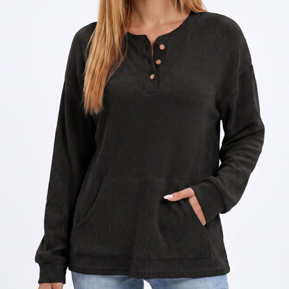 Thermal Waffle Knit Henley Top with Kangaroo Pocket