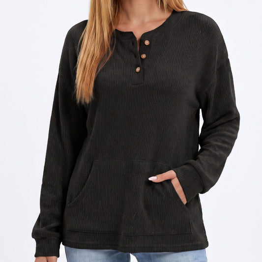 Thermal Waffle Knit Henley Top with Kangaroo Pocket