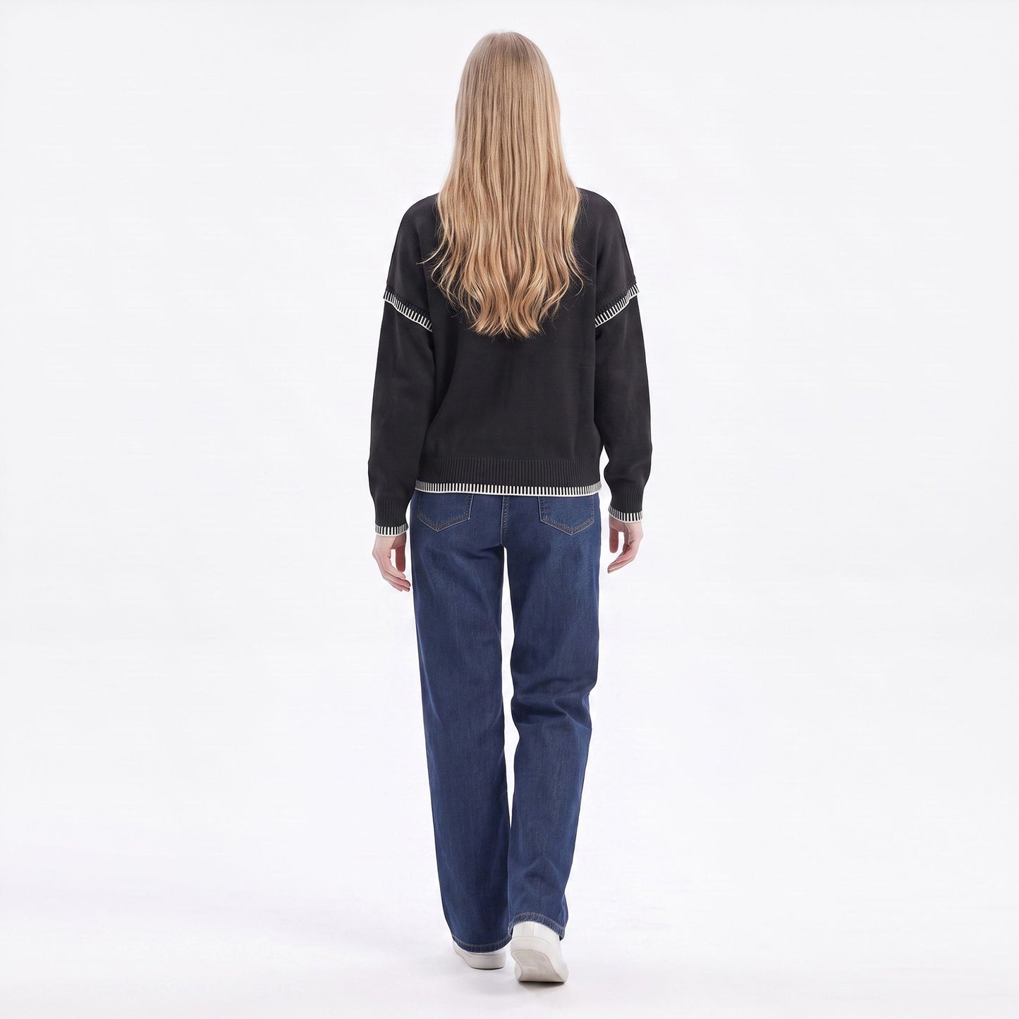 Contrast Stitch Crewneck Long Sleeve Knit Sweater
