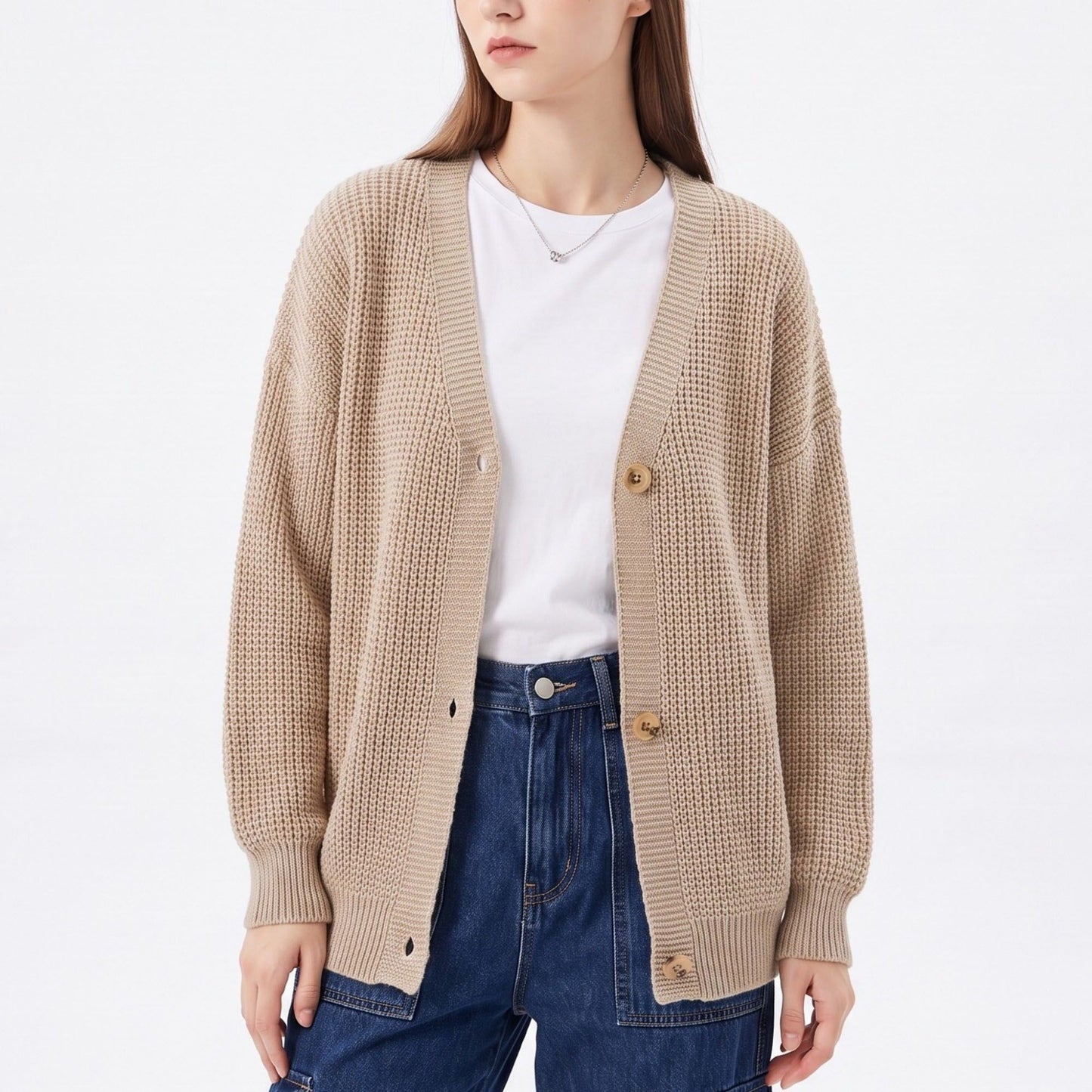 Textured V-Neck Button-Front Cardigan Sweater