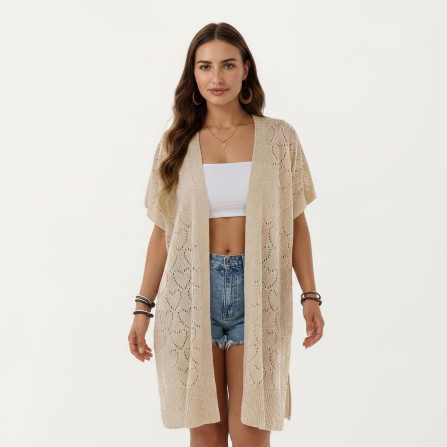 Open Front Knit Cardigan with Heart Pointelle Pattern Short Sleeves Relaxed Mid Length Fit