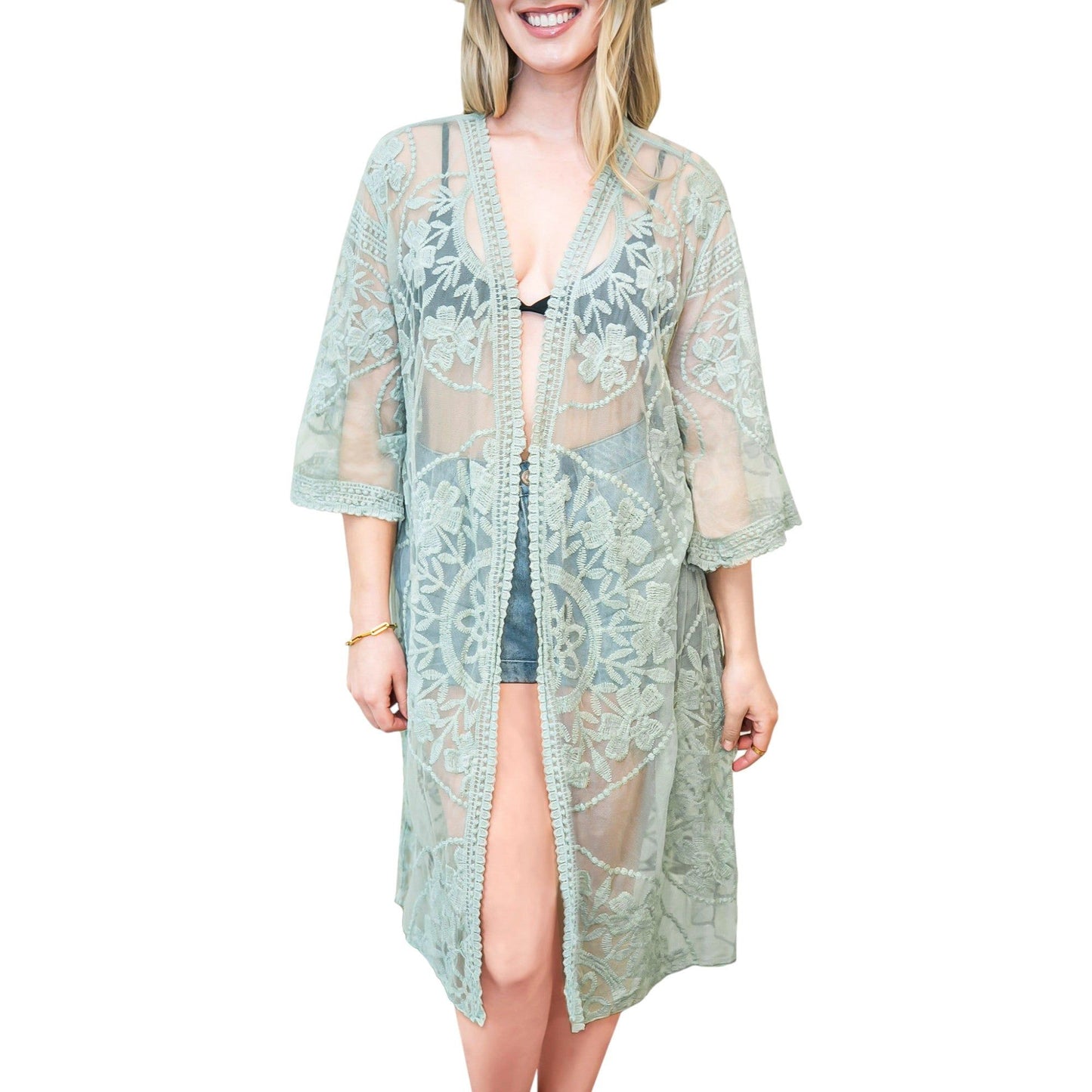 Embroidered Floral Butterfly Duster Crochet Cardigan