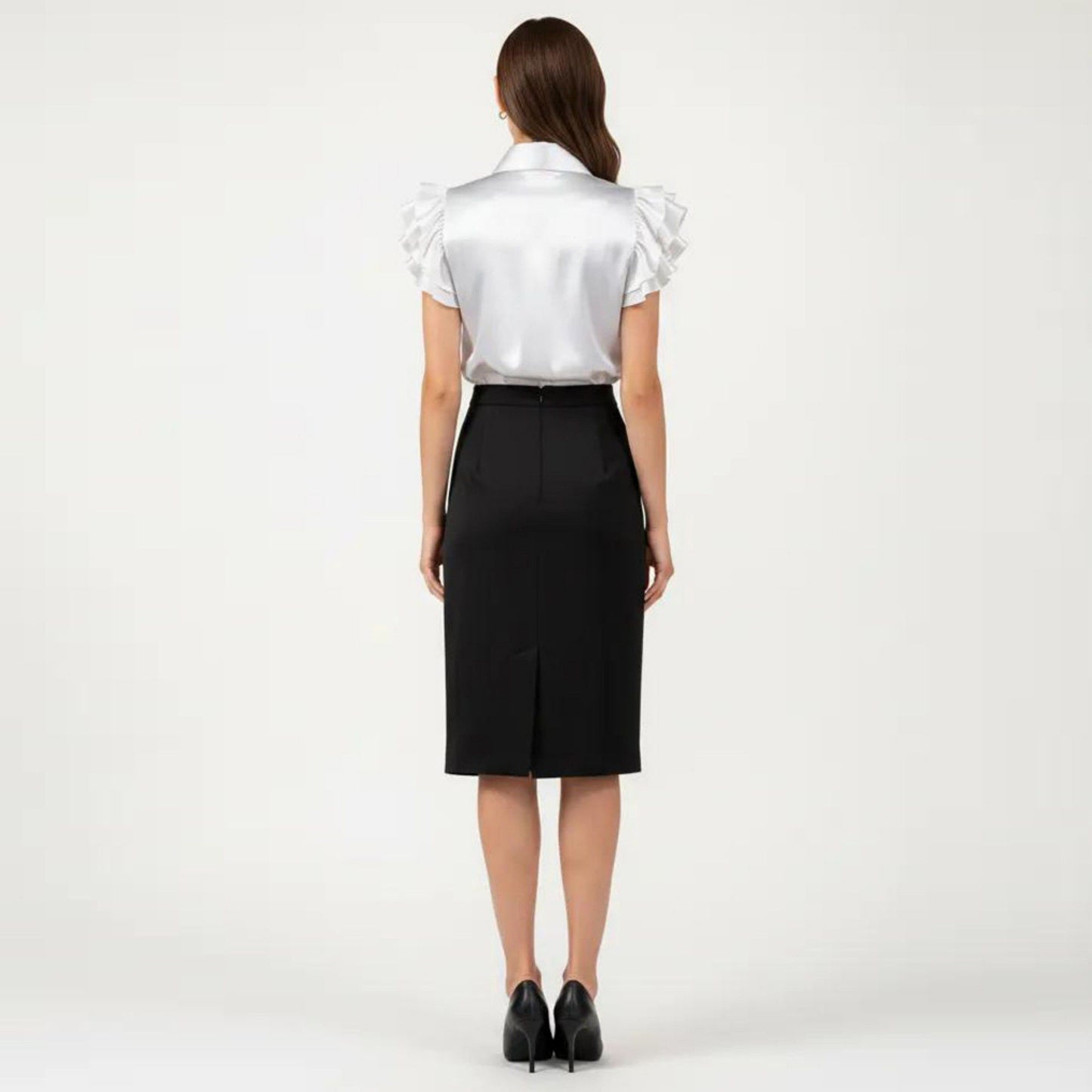 Satin Button Down Blouse with Ruffle Sleeves and Collared Neckline