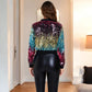 Sequin Bomber Jacket with Striped Ribbed Trim and Zip Front