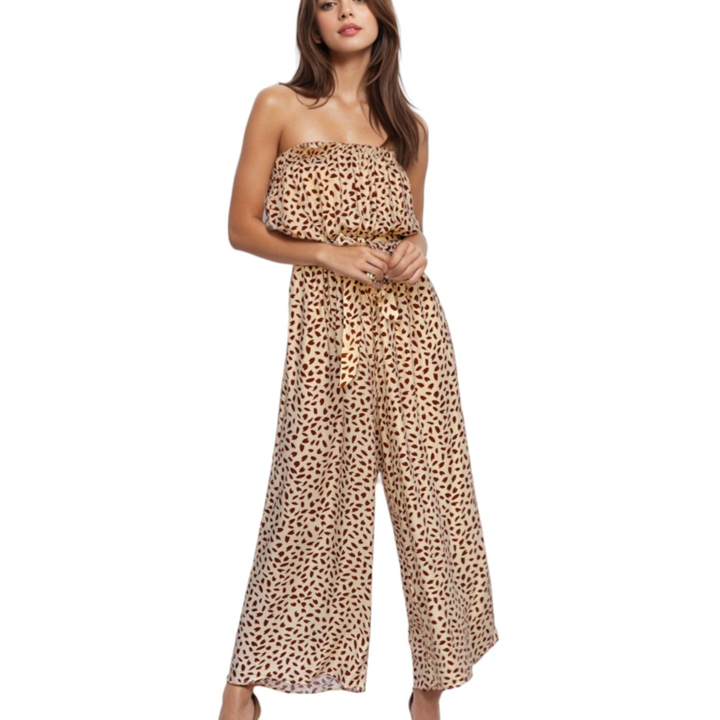 Off Shoulder Jumpsuit Printed Belted Elastic Waist