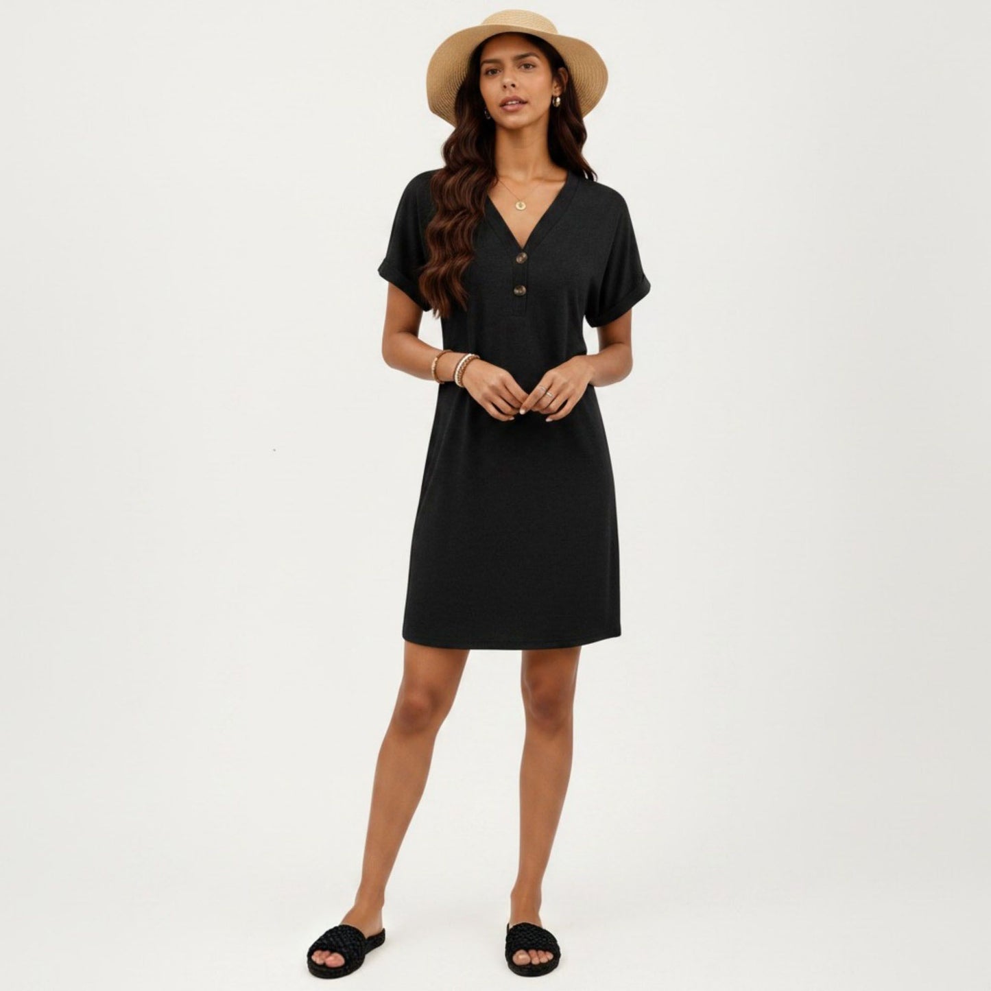 Short Sleeve V Neck Shift Dress with Button Detail Relaxed Fit Casual Tunic Dress