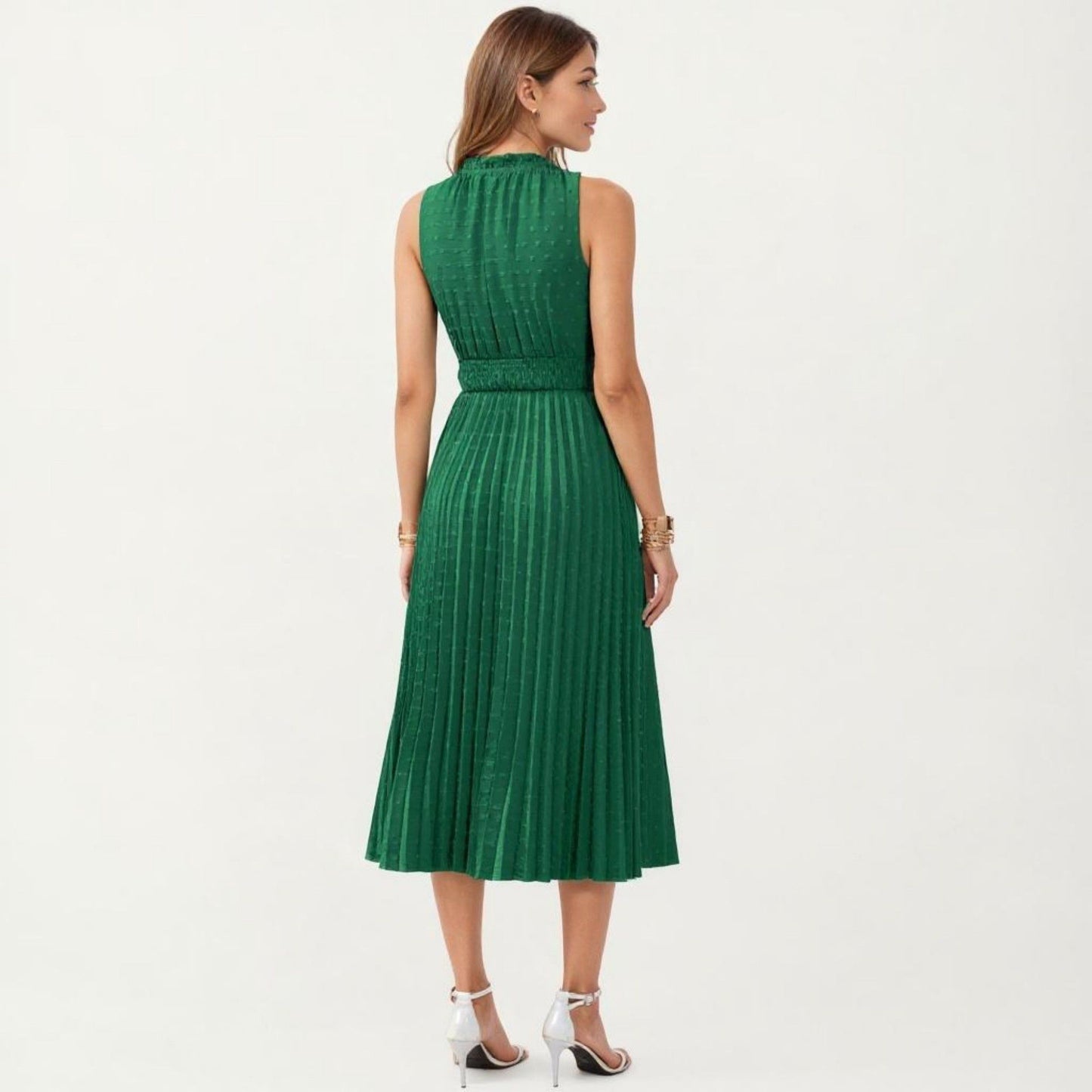 Sleeveless Midi Dress with Pleated Skirt and Tie Neck Detail