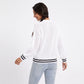 Cutout V Neck Cable Knit Long Sleeve Sweater with Contrast Stripe Trim