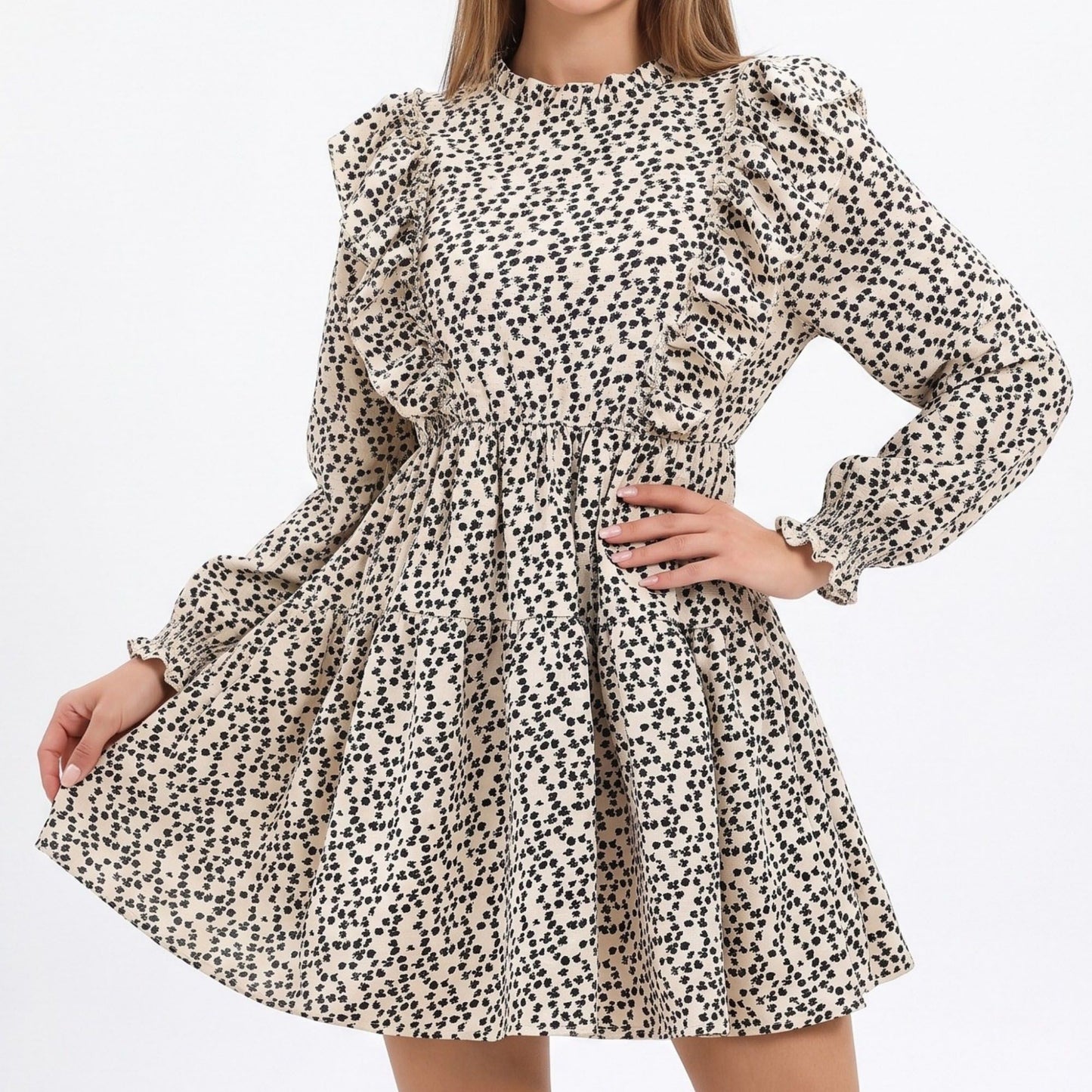 Floral Print Mini Dress Ruffle Neck Long Sleeve Tiered A Line Dress