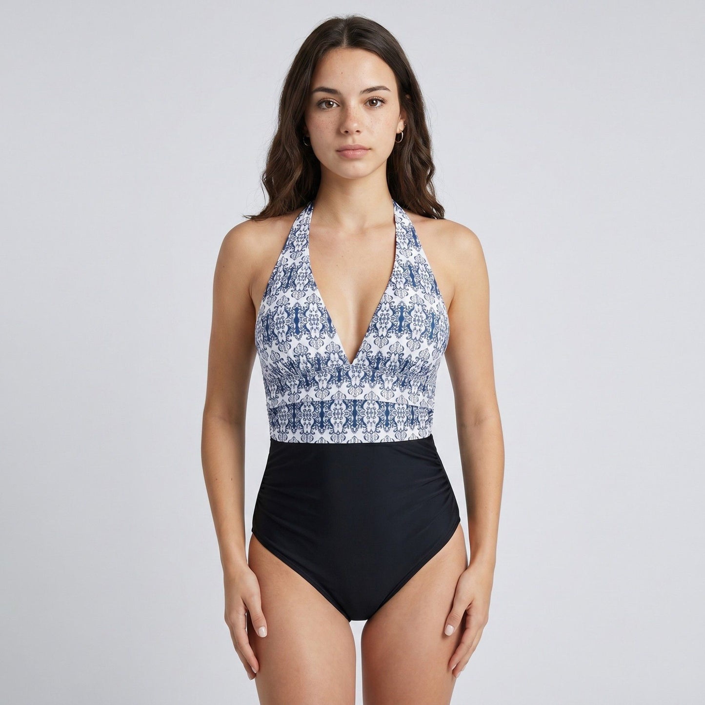 Printed Halter One Piece Swimsuit with Deep V-Neck Contrast Waist Panel and Classic Leg