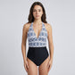 Printed Halter One Piece Swimsuit with Deep V-Neck Contrast Waist Panel and Classic Leg
